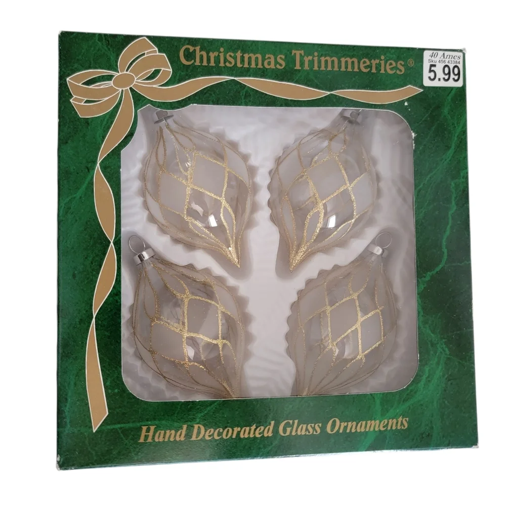 Set Of 3 Vintage Glass Christmas Tree Ornaments 12 Total Hand Painted Gold